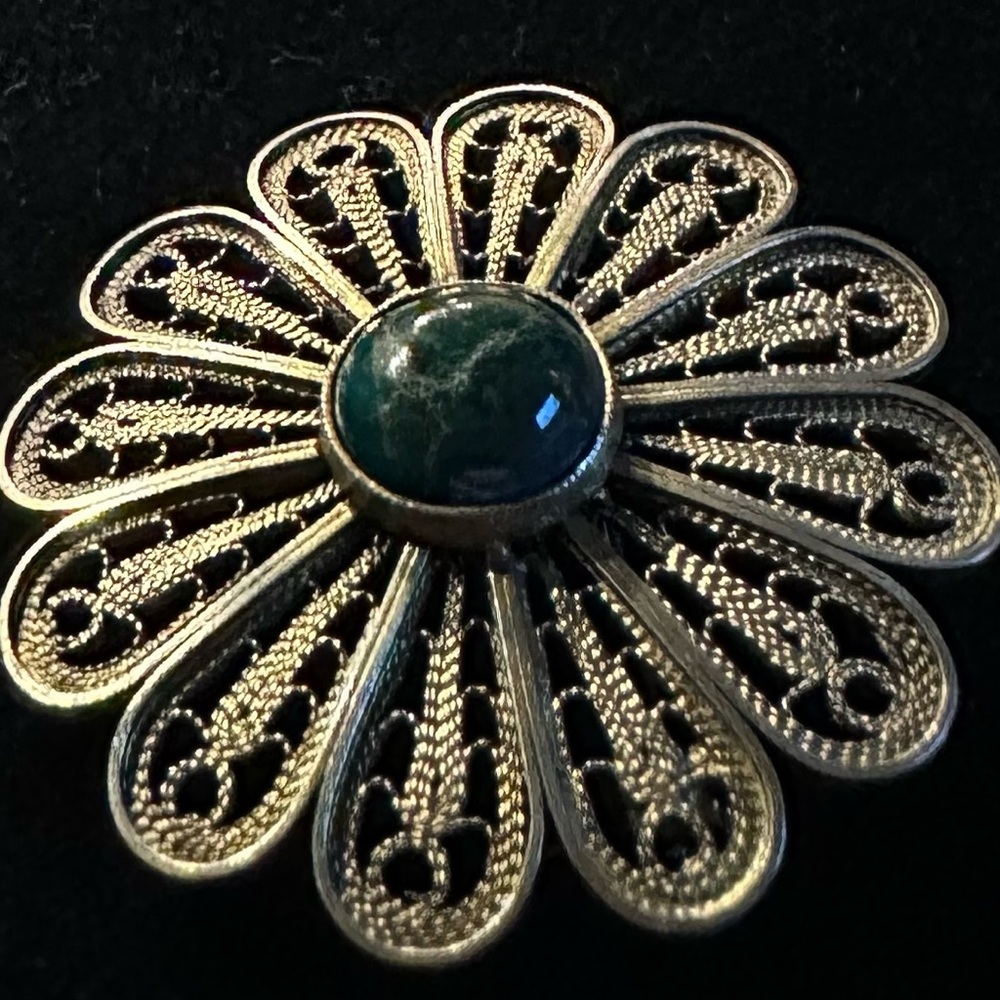 Vintage Israel 925 Silver Eilat Cabochon Flower Filigree Brooch/Pin